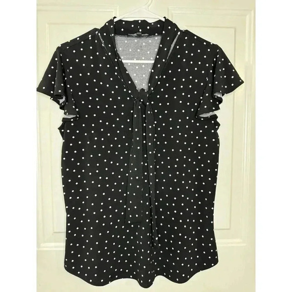 ADRIANNA PAPELL Black White Polka Dot Blouse Top Short Flutter Sleeve Size 14 - Picture 1 of 7